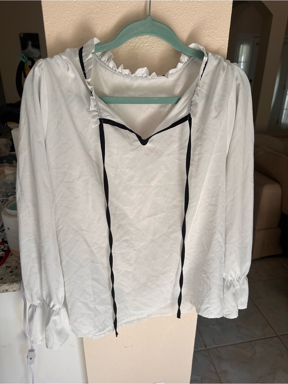 Amazon White Peasant Blouse with Black Tie Accents